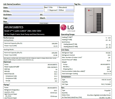 ARUM168BTE5 - LG Condenser- 14 Ton - Single Frame - Heat Recovery -Heat Pump - MV 5 - ODU - 208-230V - submittal